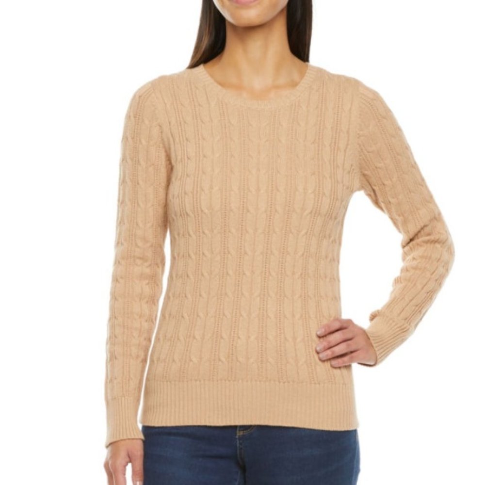 St. John's Bay Women's Cable Crew Neck Long Sleeve Pullover Sweater Beige